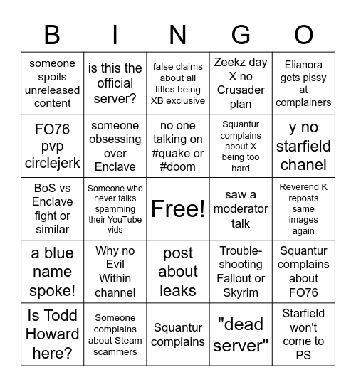 Bethesda Discord Server Bingo Card