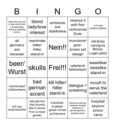 German-Nazi TV/movie/etc. Bingo Card