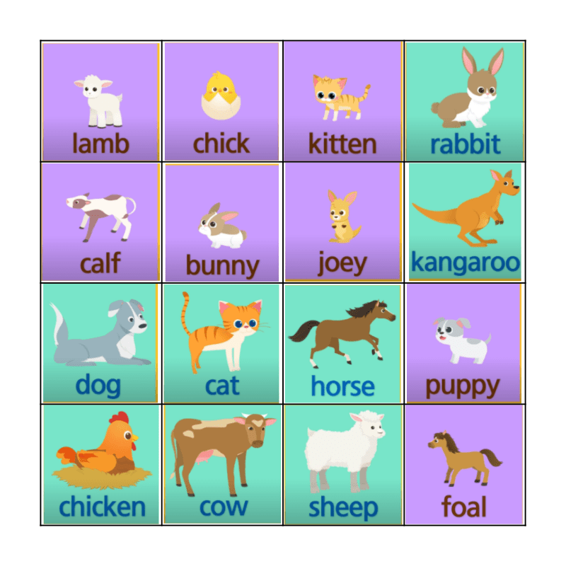Mother and baby animals Bingo Card
