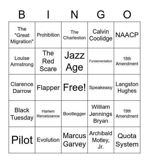 1920s Bingo Card