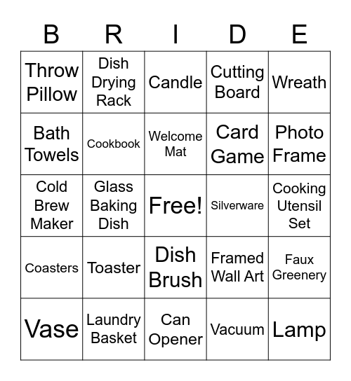 Lindy's Bridal Shower Bingo Card