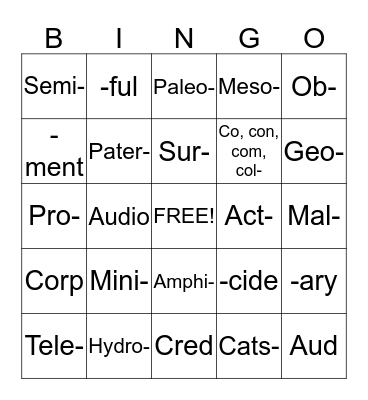 Elliot's Bingo Card