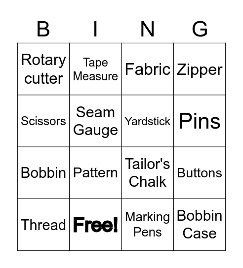 Sewing Tools Bingo Card