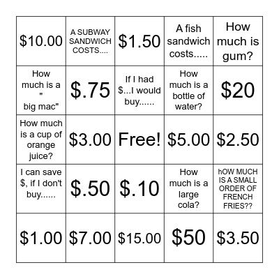 WHAT CAN I BUY Bingo Card