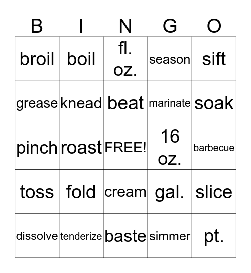 Cooking Bingo Card