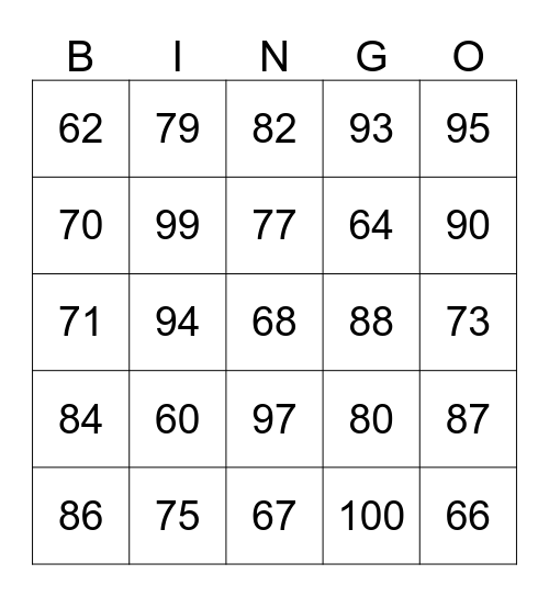 Numeros 60 al 100 Bingo Card