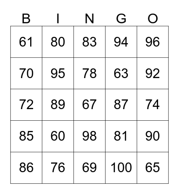 Numeros 60 al 100 Bingo Card