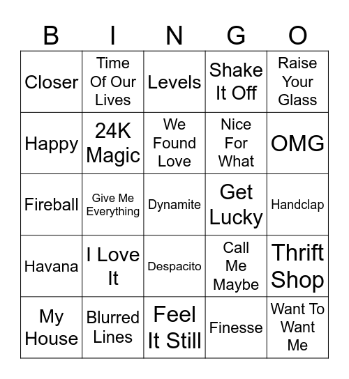 2010s Hits Bingo Card