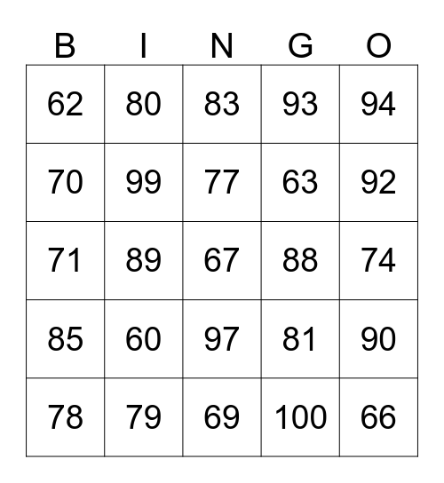 Numeros 60 al 100 Bingo Card