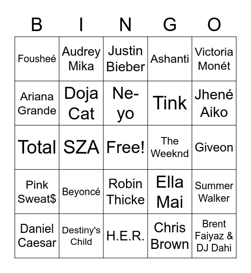 Round 2: R&B Hits Bingo Card