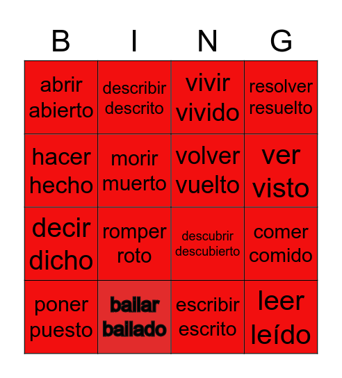 Past participle Bingo Card