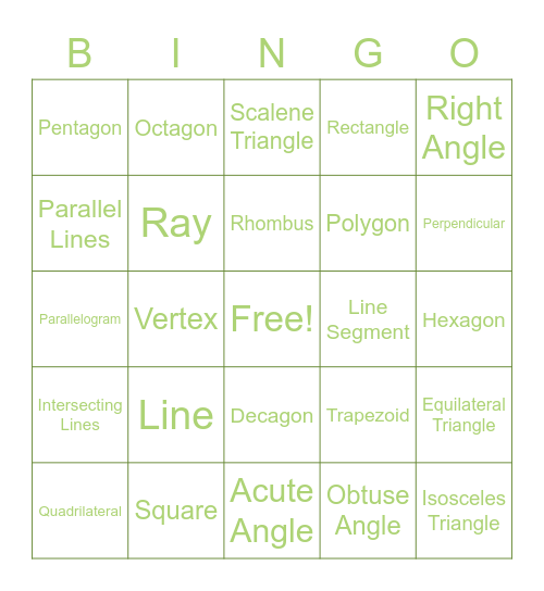 Geometry Review Bingo Card