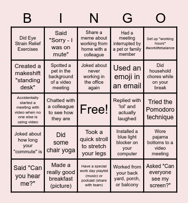 Remote Work Bingo Card