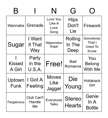 Pop Music Bingo Card