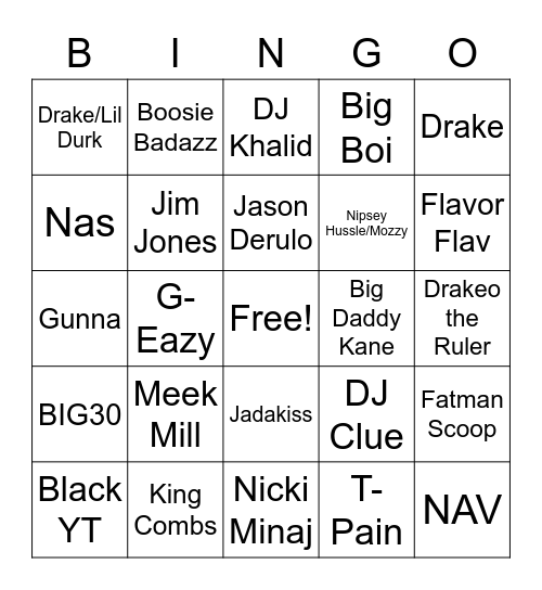 Round 1: Hip Hop Hits Bingo Card