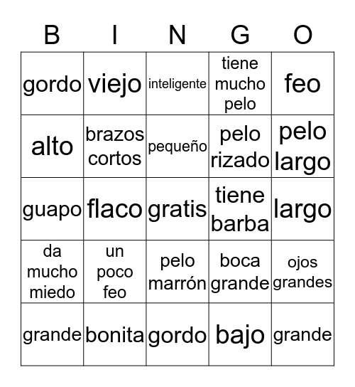 Spanish adjectives and phrases Bingo Card