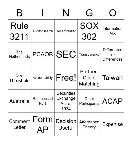 Engagement Partner Disclosure Bingo Card