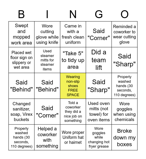 BAMCO Safety Bingo Card