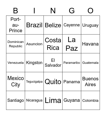 Countries and Capitals of South America Bingo Card