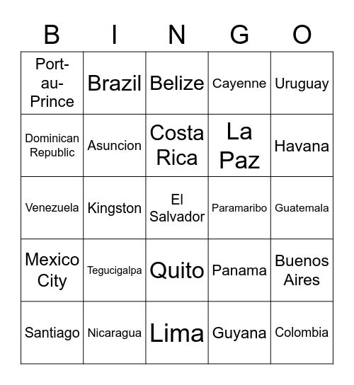 Countries and Capitals of South America Bingo Card