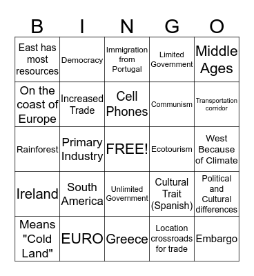 Latin America and Europe Bingo Card