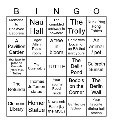 UVA Grounds Scavenger Hunt Bingo Card