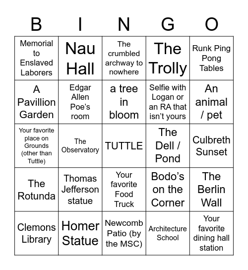 UVA Grounds Scavenger Hunt Bingo Card