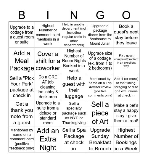 Front Desk Incentive Bingo Card