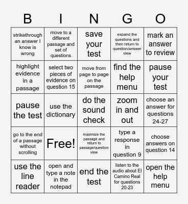 AZM2 Reading Test Tools Bingo Card