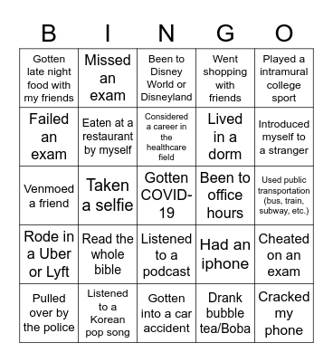 Never Have I Ever Edition Bingo Card
