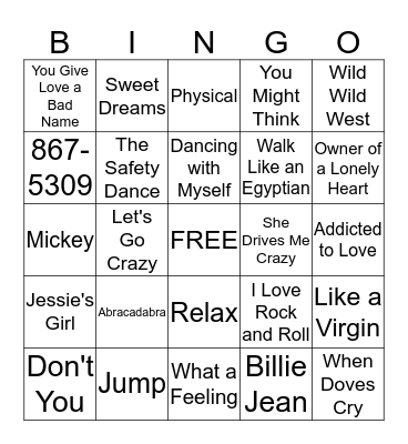 80's Music Bingo Card