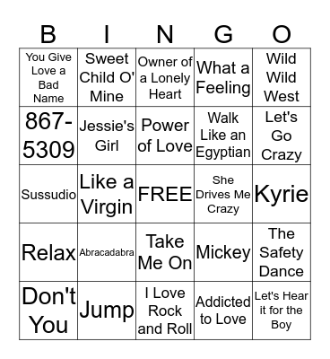 80's Music Bingo Card
