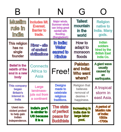 South Asia - Unit 8 Bingo Card