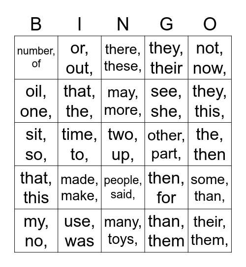 Sight words 1-40 Bingo Card