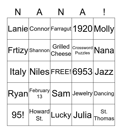 NANA BINGO Card