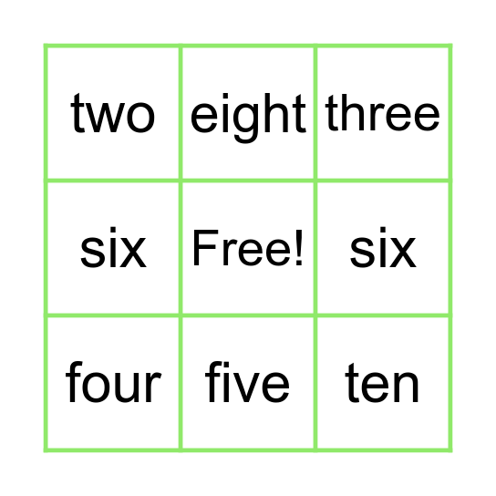 Number words Bingo Card