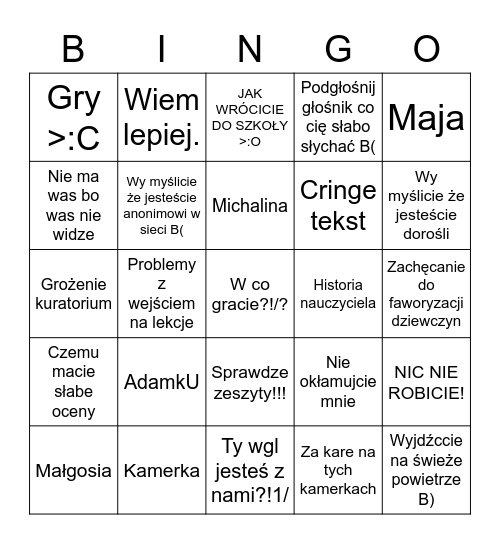 Szgoła gupia haha B) Bingo Card