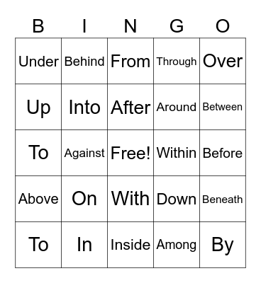 Prepositions Bingo Card
