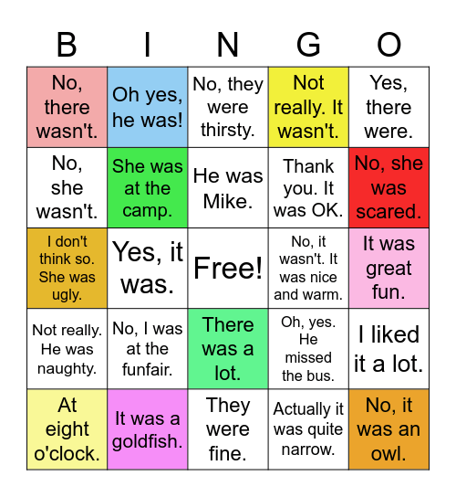 Past Simple Q&A to be Bingo Card