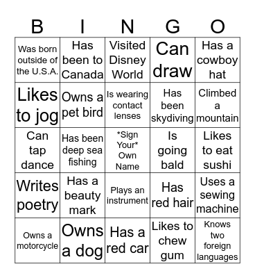 GETTING TO KNOW YOU Bingo Card