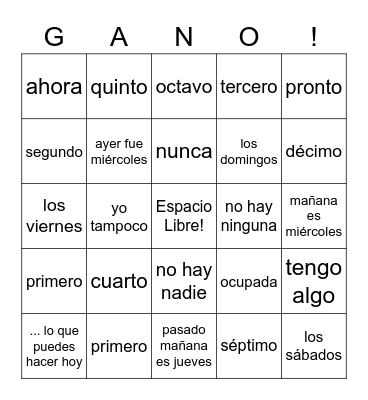 Spanish 2 Chapter 4 - 1 Bingo Card