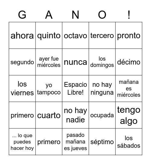 Spanish 2 Chapter 4 - 1 Bingo Card