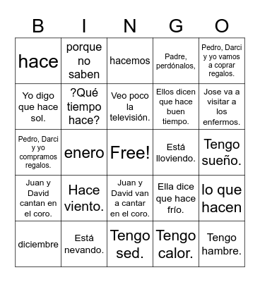 Spanish 1 - Chapter 16 Bingo Card