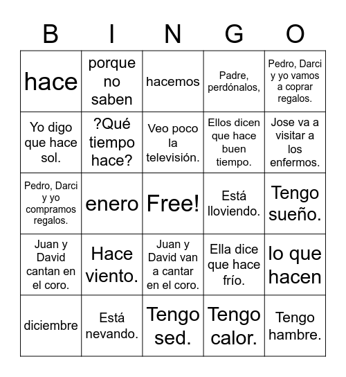 Spanish 1 - Chapter 16 Bingo Card