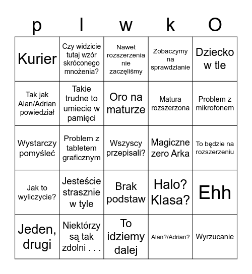 Matma Bingo Card