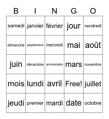 les mois et les jours Bingo Card