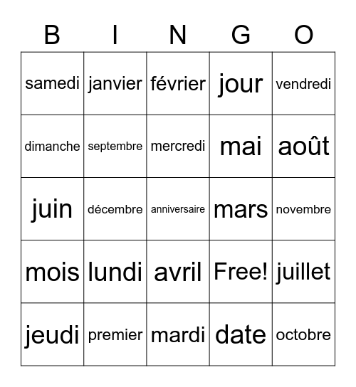 les mois et les jours Bingo Card