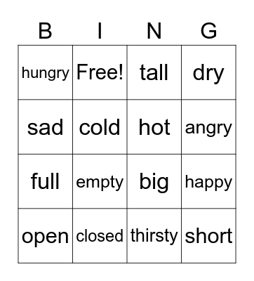 Adjectives Bingo Card