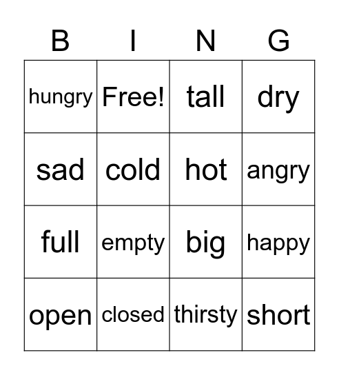 Adjectives Bingo Card
