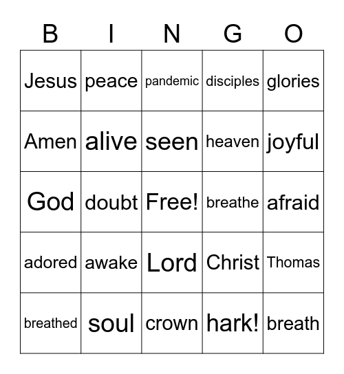 April 11 Worship Bingo  (Listen for words during worship and check them off when you hear them)  Just for fun - no prizes Bingo Card